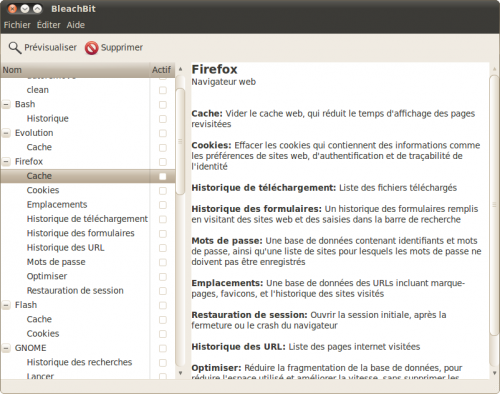 La fenêtre de BleachBit sous Ubuntu 10.04 LTS La fenêtre de BleachBit sous Ubuntu 10.04 LTS