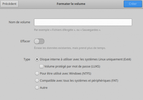 Écran 1 de la création d'une partition dans gnome-disks Écran 1 de la création d'une partition dans gnome-disks