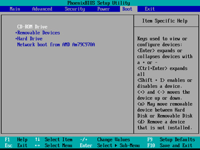 Interface de configuration du BIOS PhoenixBIOS. Dans cet exemple, le lecteur de CD-ROM a été déplacé en première position. Interface de configuration du BIOS PhoenixBIOS. Dans cet exemple, le lecteur de CD-ROM a été déplacé en première position.