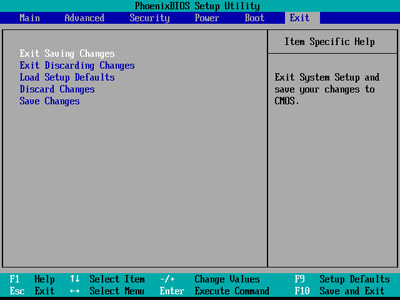 Menu de sortie de l'interface de configuration du BIOS PhoenixBIOS. Pour confirmer vos modifications, vous devez choisir "Exit Saving Changes". Menu de sortie de l'interface de configuration du BIOS PhoenixBIOS. Pour confirmer vos modifications, vous devez choisir "Exit Saving Changes".