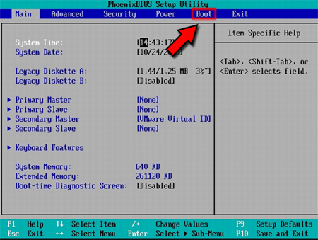 Interface principale de l'utilitaire de configuration du BIOS PhoenixBIOS. Le paramètre d'ordre d'amorçage se trouve dans le menu "Boot". Interface principale de l'utilitaire de configuration du BIOS PhoenixBIOS. Le paramètre d'ordre d'amorçage se trouve dans le menu "Boot".