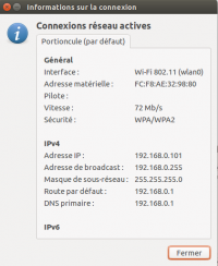 Informations de connexions pour les réseaux actuellement connectés Informations de connexions pour les réseaux actuellement connectés