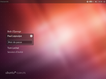 L'écran de connexion du gestionnaire de session LightDM, tel que visible dans Ubuntu 12.04 LTS L'écran de connexion du gestionnaire de session LightDM, tel que visible dans Ubuntu 12.04 LTS