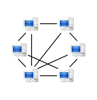 Exemple d'un réseau pair-à-pair: chaque ordinateur télécharge et propose en même temps des ressources (Source: Wikipedia) Exemple d'un réseau pair-à-pair: chaque ordinateur télécharge et propose en même temps des ressources (Source: Wikipedia)